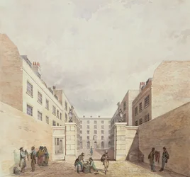 Utsikt över Ostindiska kompaniets lager från Cutler Street, 1836